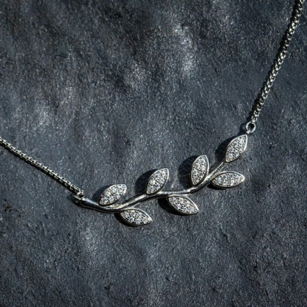 Laurel Necklace - Platinum Plated/ 42 Prong Set White Cubic Zirconia